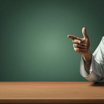 A hand gesture pointing or explaining something over a desk with copy space photo
