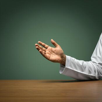 A hand with an open palm gesture for explaining or presenting over a table photo