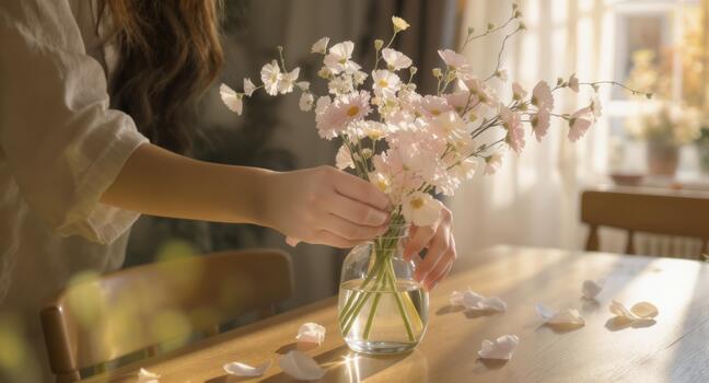 elegante floral arreglo trae pacífico vibras, suave ligero transmisión mediante ventana, creando un sereno, atractivo atmósfera, Perfecto para estilo de vida contenido foto