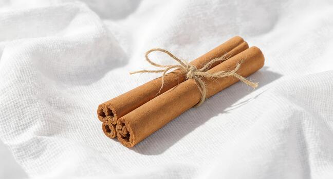 Warm cinnamon sticks tied with rustic twine on soft white fabric create cozy kitchen vibes and holiday spice inspiration for baking projects photo