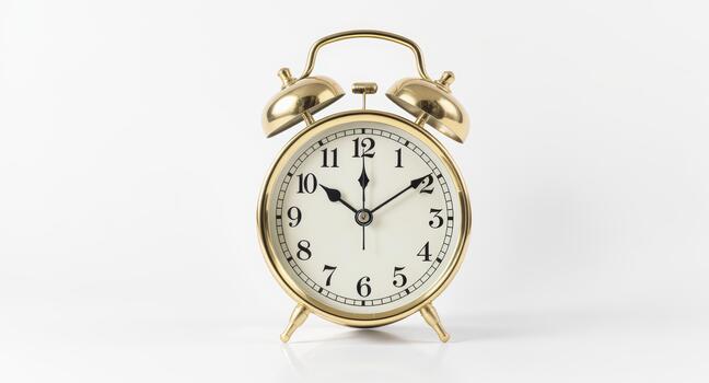 Classic golden alarm clock displaying ten past ten, symbolizing time management, deadlines, and the urgency of schedules for business and personal organization photo