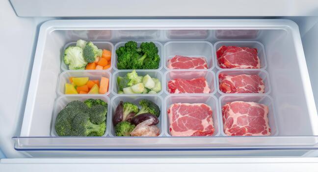 Organized meal prep with portioned meat and fresh vegetables in containers ready for a healthy week, promoting mindful eating and balanced diet photo