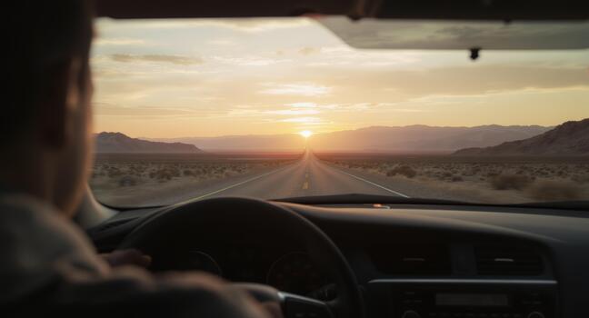 Embark on an unforgettable road trip toward a radiant sunrise, capturing the freedom and adventure of the open road through the car window view photo