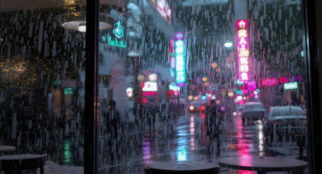Rainy night city lights create moody reflections on a cafe window, perfect for urban atmosphere, storytelling, and atmospheric backgrounds photo