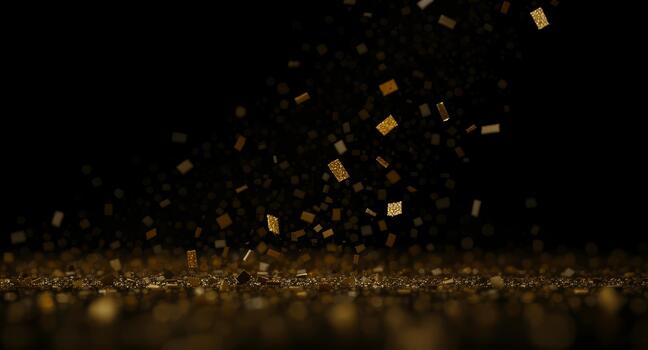 Sparkling golden confetti cascades dramatically against a deep black background creating a celebratory and luxurious atmosphere perfect for events and achievements. photo