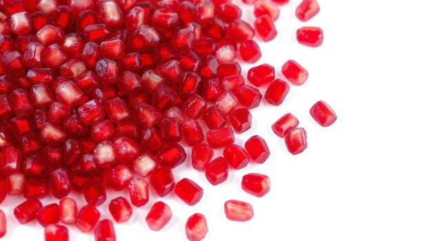 Vibrant ruby red pomegranate seeds scattered artfully across a clean white background, bursting with juicy freshness and healthy goodness photo