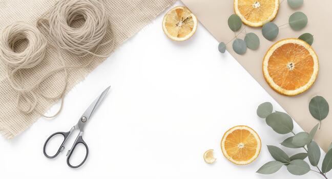 Crafting flat lay with jute twine, scissors, and dried orange slices creates an artistic, natural composition for creative projects and branding mockups photo