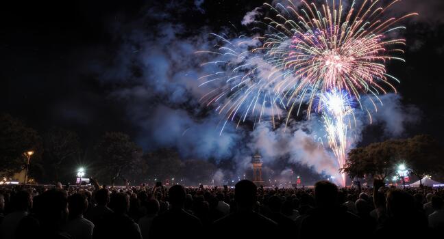 Excited crowd celebrates with stunning fireworks display, a vibrant evening sky filled with color, perfect for event promotions and festive gatherings photo