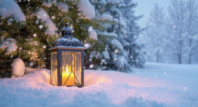 invierno mundo maravilloso escena con brillante vela linterna fundición calentar ligero en Fresco nieve, creando pacífico fiesta atmósfera y atractivo acogedor invierno vibraciones foto