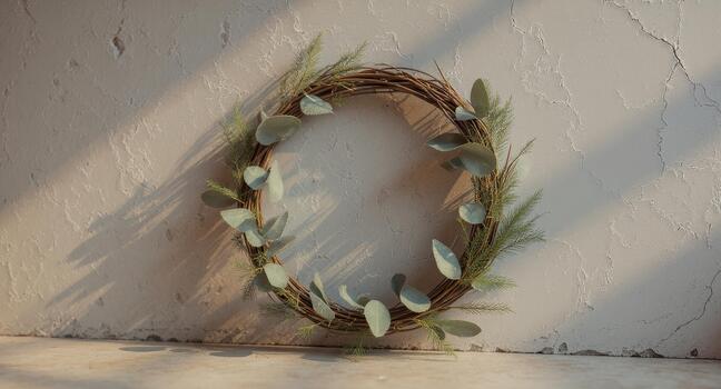Rustic grapevine wreath adorned with delicate eucalyptus and pine sprigs, casting enchanting shadows on a textured wall, perfect for festive decor inspiration. photo