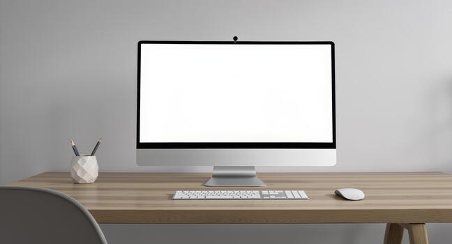 Sleek computer mockup on a modern wooden desk perfect for showcasing designs, websites, and digital content with a clean, contemporary aesthetic photo