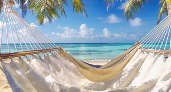 Relaxing in a hammock on a tropical beach with palm trees and turquoise water invites you to escape and unwind, perfect for travel ads and vacation vibes photo