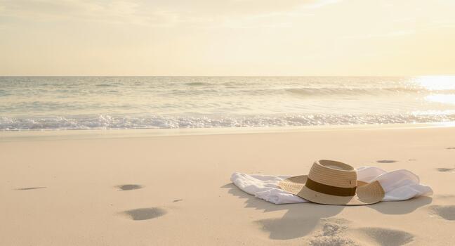 Seaside serenity with hat and towel on warm sand, inviting vacation vibes and tranquil summer escape at a peaceful beach getaway, footprints in sand photo