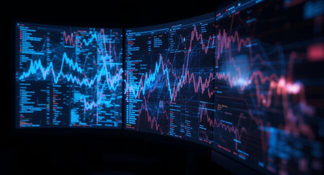 Real-time stock market data analysis displayed on curved digital screens, showing trending line graphs, creating a high-tech, modern financial overview photo