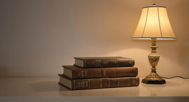 Vintage books illuminated by warm lamp light create a cozy reading nook, perfect for quiet evenings and intellectual pursuits in a peaceful home setting photo
