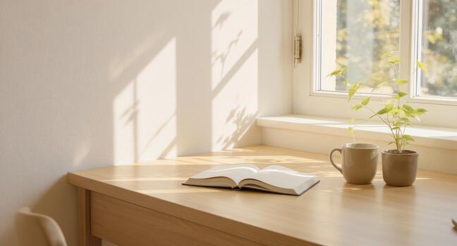 Morning light streams onto desk with open book creating a peaceful reading nook, ready for study and relaxation in a sunlit space, perfect for cozy comfort photo