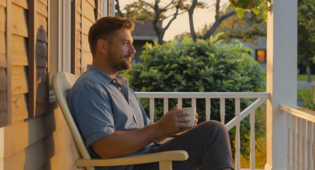 Thoughtful man on a porch relaxing with coffee at sunset, enjoying peace and quiet, contemplating life, escaping the daily grind, finding solitude and rest photo