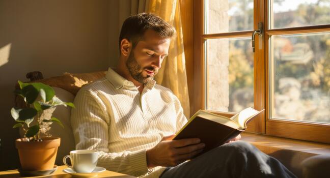 Man reading a book by the window, enjoying a peaceful moment with a cup of coffee and a plant, creating a cozy and relaxing atmosphere at home photo