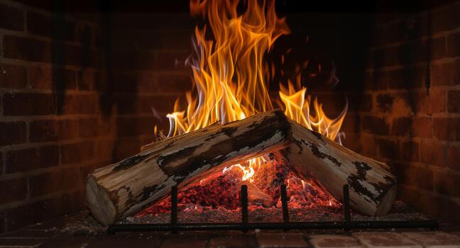 Cozy fireplace crackling with warm flames and burning logs creating a relaxing and inviting winter atmosphere in a rustic brick hearth home photo