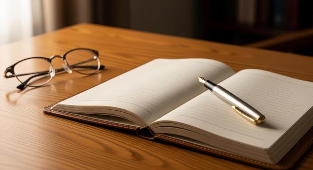 Classic fountain pen resting on an open journal with glasses, inspiring creativity and thoughtful reflection in a warm and inviting setting for writers photo