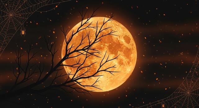Full moon shines behind bare tree branches with spiderwebs for halloween celebration photo