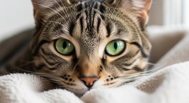 Tabby cat rests head on soft white blanket with bright green eyes staring directly forward photo