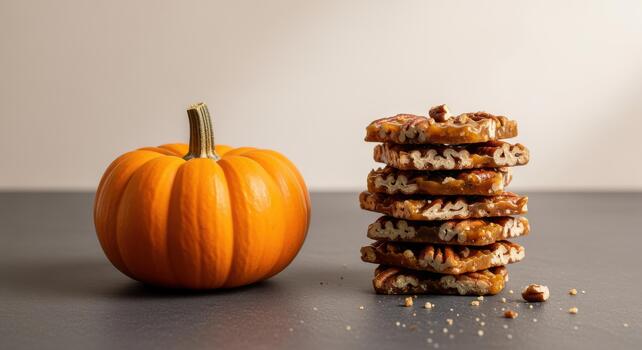 naranja calabaza en pie junto a un apilar de pacana frágil cuadrícula en un gris superficie parte superior foto