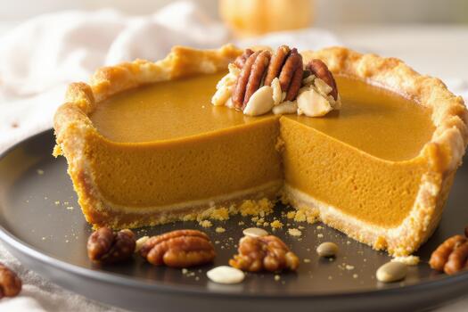 Sliced pumpkin pie topped with pecans and nuts served on a dark plate for thanksgiving day photo