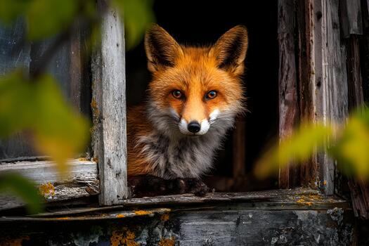 Alert fox peers out from a weathered window frame in a dimly lit rustic environment photo