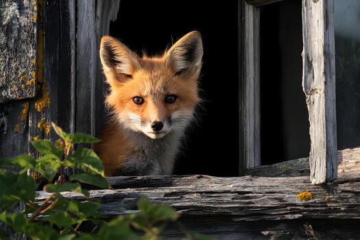 Alert fox peers cautiously from a weathered window frame within a rustic wooden structure photo