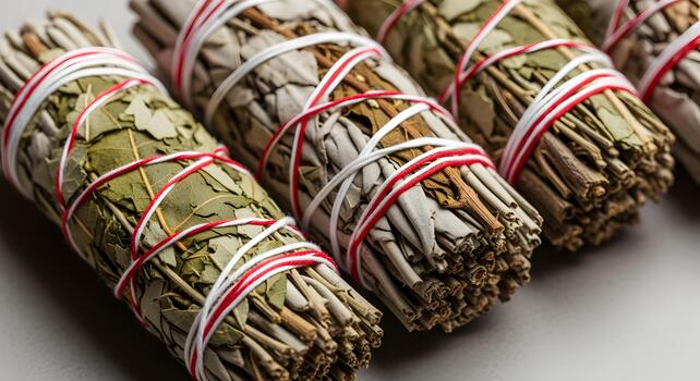 manojos de seco hierbas atado con cuerda desplegado en un superficie para aromaterapia utilizar caso foto