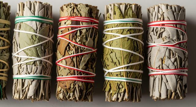 manojos de seco hierbas atado con vistoso cuerda desplegado en un fila en un neutral superficie foto