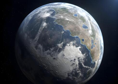 Realistic planet showing continents oceans and clouds floating in dark outer space view backdrop photo