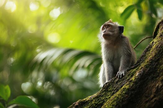 Monkey sits on mossy tree branch looking up towards the bright green jungle canopy above it photo