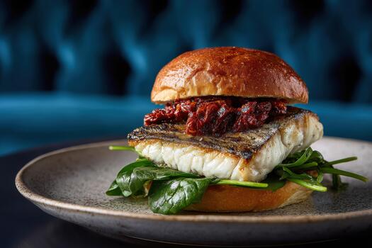 Grilled fish fillet burger with spinach and tomato relish served on plate for restaurant menu photo