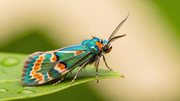 Close-up macro shot of a colorful moth with intricate patterns on its wings resting on a green leaf photo