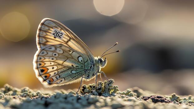 A macro shot of a tagged butterfly resting on a textured surface with a blurred background photo