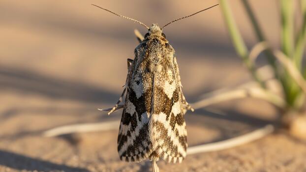 Macro shot of a moth with intricate wing patterns resting on a dry twig in the desert photo