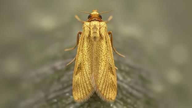 Close-up view of a fuzzy golden moth with intricate wing patterns resting on a textured surface photo