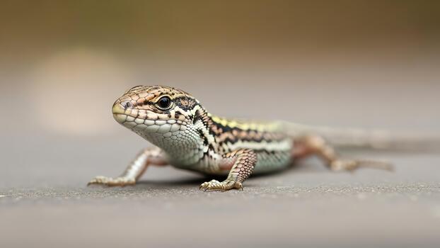 Detailed close-up of a small lizard with intricate scale patterns on a textured surface photo