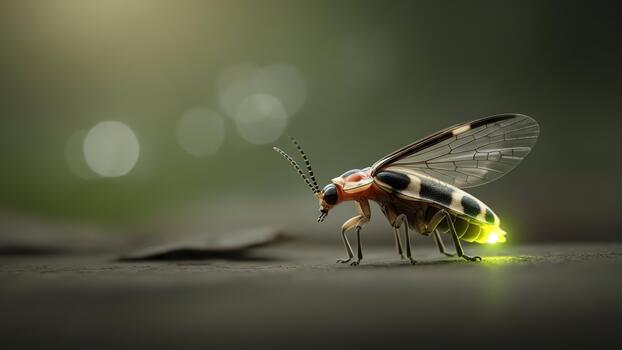 Close-up of a bioluminescent firefly glowing in the twilight, with a soft bokeh background photo