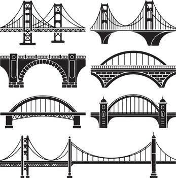 Collection of Various Bridge Silhouettes With Different Designs and Architecture vector