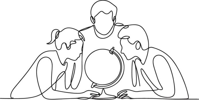 Three Students Watching Globe Learning Geography Lesson Continuous Line Art vector