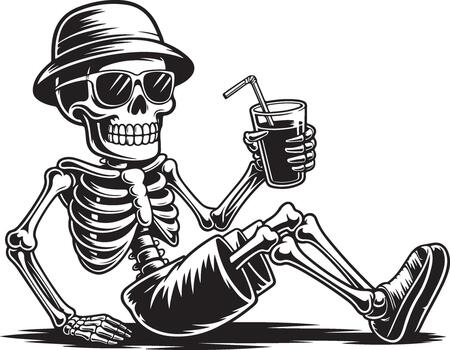 Skeleton in fedora relaxing and drinking juice on transparent background vector