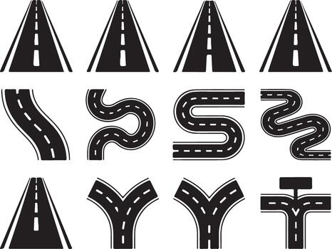 Set of road path way direction linear icons such as curve and intersection vector