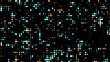 grigio, blu, giallo e Marrone piazze e puntini muoversi, batter e modificare dimensione su un' nero sfondo. il piazze modificare forma e dimensione a caso. tecnologico cyberspazio rappresentazione sfondo. video