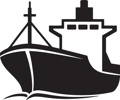 Silhouette of cargo ship with bridge and front view in black and white color vector