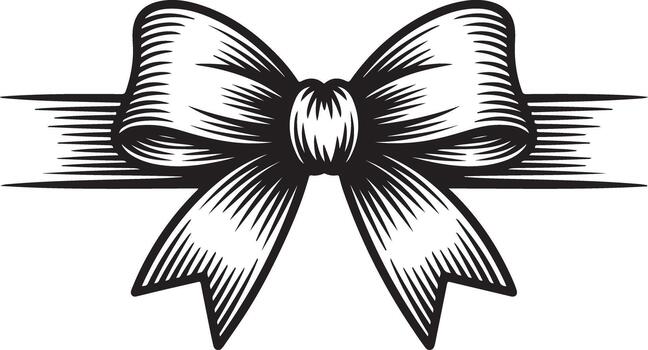 Engraved decorative ribbon bow with vertical hatch lines and blank space vector