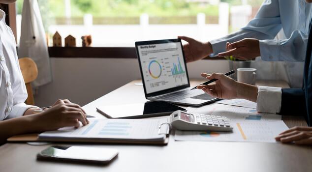 Business team meeting to conference, collaboration discussing working analyzing with financial data and marketing business strategy project, presentation and brainstorming to making profit of company. photo