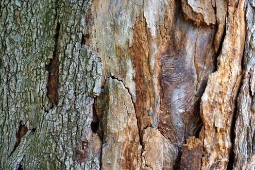 Close up view of textured tree bark showcasing a mix of colors and patterns in natural light in a forest setting photo